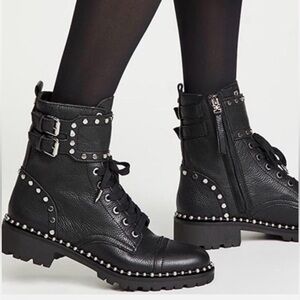 NWOB Sam Edelman Jennifer Studded Leather Lace Up Black Combat Moto Ankle Boots